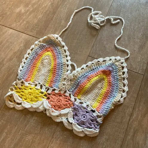 Crochet knit pastel rainbow crop top S NEW