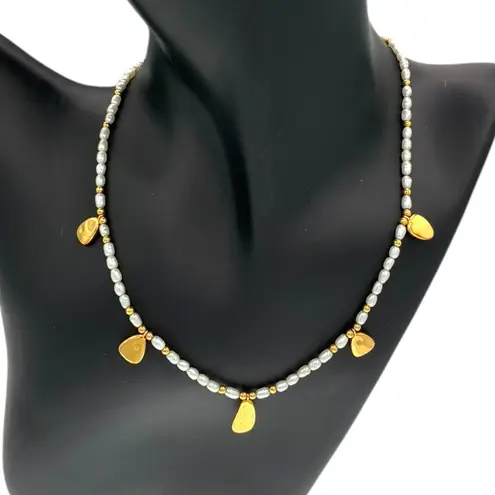 Missoma Organic Seed Pearl 18k Gold Plated Collar Necklace Hammered Accents White