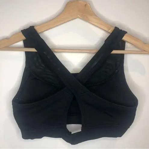 Black cross back padded sports bra with mesh detail, size small