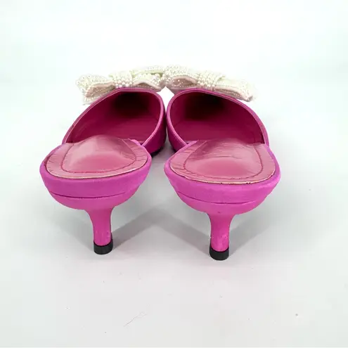 Bright Pink Satin Kitten Heel Mules with Pearl Bow Size 39