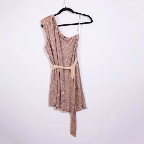 Retrofête Retrofete Ella Beaded Sequin Sparkle Embellished One Shoulder Mini Dress Bronze