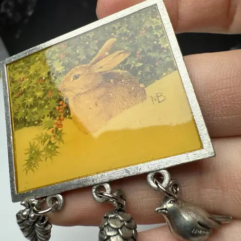 Bunny Rabbit Holly Berries Marjolein Bastin Brooch Pin Silver Tone Christmas