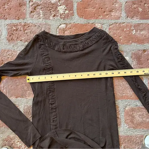 Elegant Brown Ruffle Trim Top Ruching Transparent Sheer Long Sleeve Size XS/S