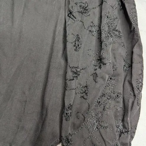 Vtg 1980s Bis by Gene Ewing Black Cotton Poplin Eyelet Sleeve Snap Up Top 1 1X