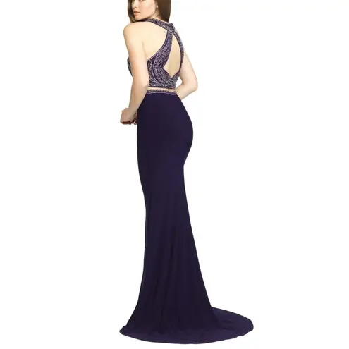 Madison James Navy Beaded Halter Prom Gown With Open Back Size 10 long 2 piece