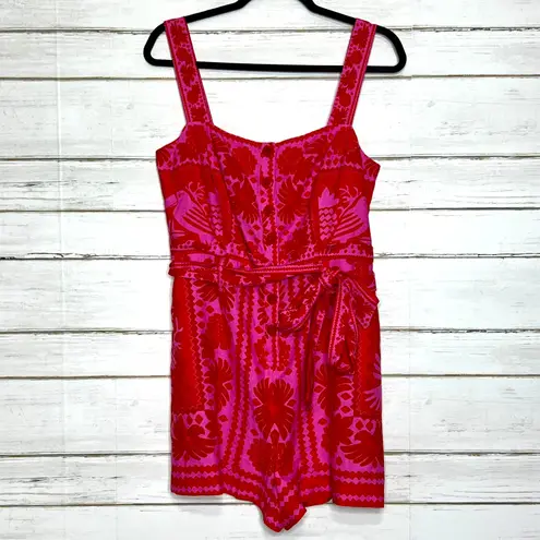 Farm Rio Jungle Scarf Romper Red Linen Blend Size Medium