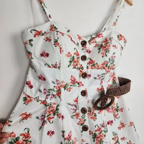 Mind Code Cotton Mini Dress Floral Cream Belted Wooden Button Size M