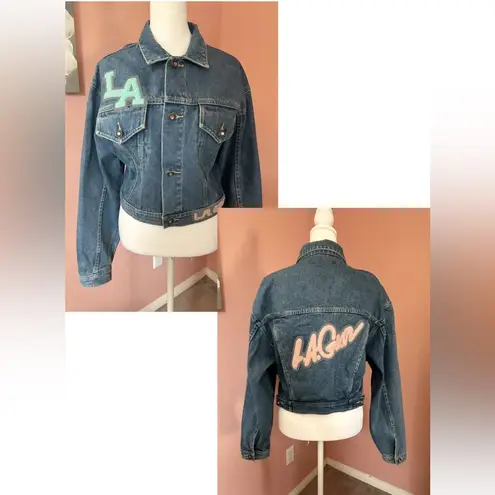 VTG 80s 90s LA GEAR cropped pastel patchwork streetwear jean jacket rockabilly L Size L
