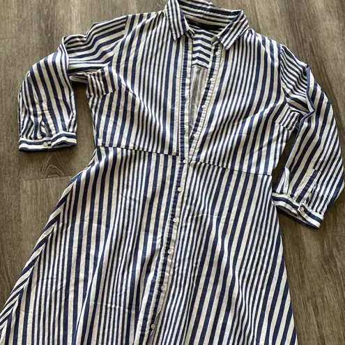 ZARA  striped button front collared coastal blue white long maxi dress Large