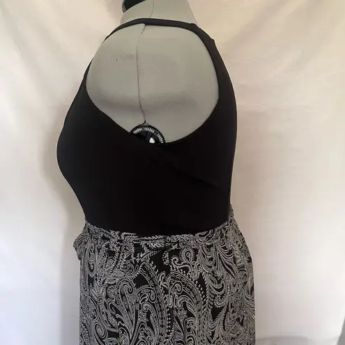 Robbie Bee Maxi Dress Sz XXL Black White Paisley Sleeveless Tie Belt Lined Boho