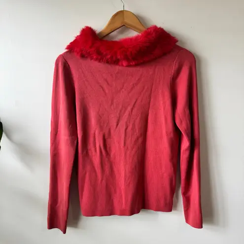 CYNTHIA STEFFE Cardigan Women M Red Silk Faux Fur Collar Buttons Y2K Bratz 90s Size M