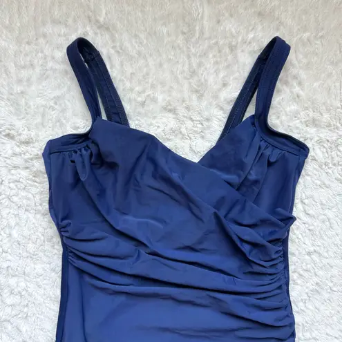 MiracleSuit Sanibel One Piece Swimsuit Sz 10 Navy Blue Side Ruched Faux Wrap