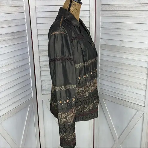 ELCC Vintage Embroidered Taffeta Blazer Jacket Gray Large Button Front