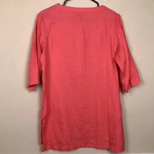 Ellen Tracy  Women’s Linen Quarter Zip Gold-Colored Tassel Coral Hi-Low Blouse