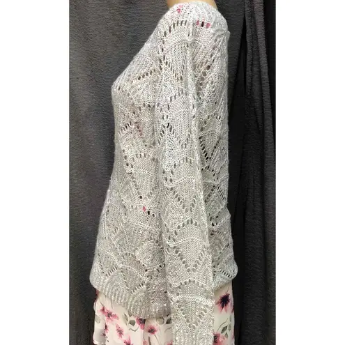 Studio Y Silver Metallic Knitted V-Neck Long Sleeve Sweater Womens Medium