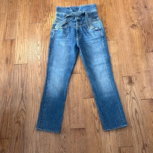 Mother the Dazzler Triple Stack high rise tie waist jeans great awakenings 27 Blue