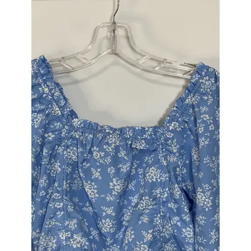 Speed Limit Womens Blouse Cropped Square Neck Drawstring Floral Blue Medium