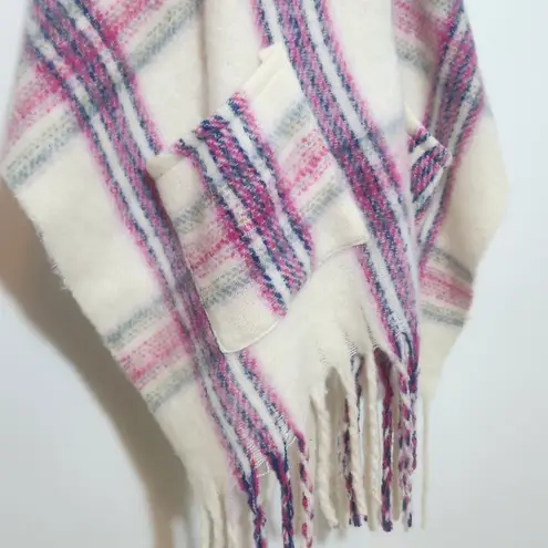 Fuzzy Plaid Shawl Wrap with Fringe Hem and Pockets One Size Pink