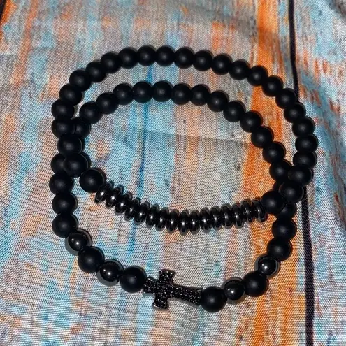 Black Matte Agate with Onyx Bead Cross Bracelet Black