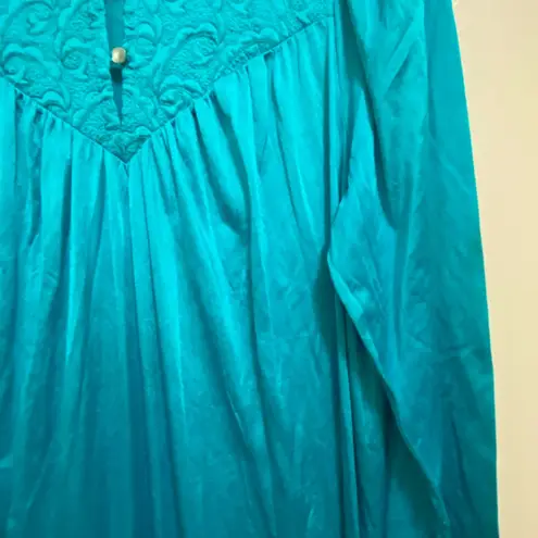 Vintage Shadowline Womens Teal Blue Long Nightgown L Large 40” Quilted Neckline