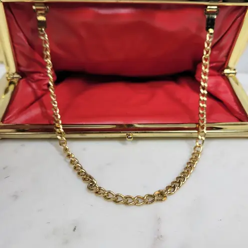 VINTAGE Lame Clutch 9.5" Gold Chain Metal Clasp Retro Evening Handbag Purse