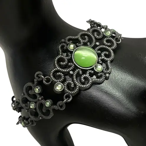 Vintage Whimsigoth Gothic Filigree Bracelet Green Cat Eye Gemstone