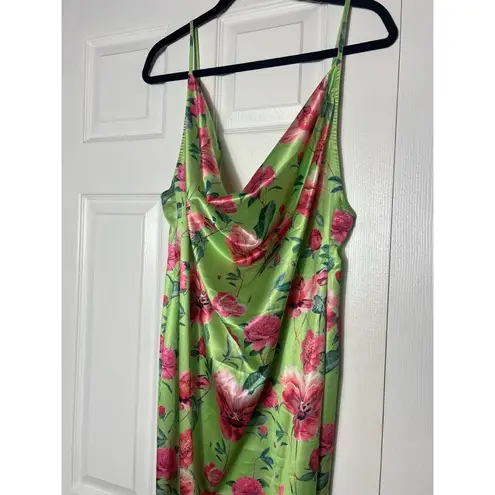 Pretty Little Thing  Green Pink Floral Satin Cowl Neck Maxi Dress Size Large