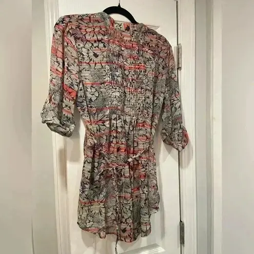 American Rag  Pleated Smocked Button V Neck Tie Flowy Peasant Top Floral Size M