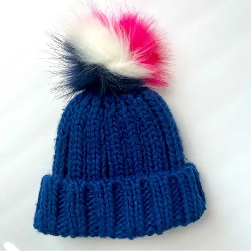 Boden Blue,Pink,White and Red Pom Pom Knit Ribbed Beanie Size XS Stretch Blue