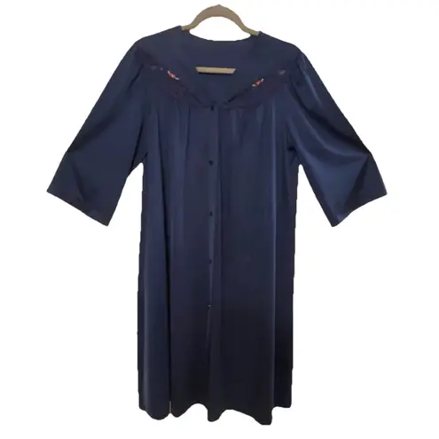 Shadowline Robe Navy Peignoir Lingerie Nylon Lace Large Pink Roses Button Front Blue Size M