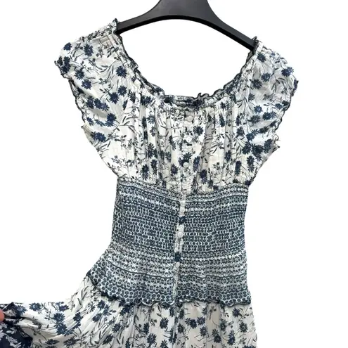 Mlle Gabrielle Mixed floral print boho smocked shirred midi maxi patchwork navy white dress