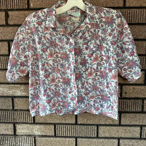 Topson Downs Floral Paisley Shoulder Pad Button Up Medium Rayon Cropped Vintage