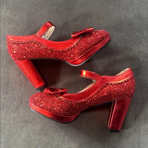 Women’s Red Sparkly Glitter Mary Jane High Heels Bow Detail Size 8 (EU 39) NEW Red
