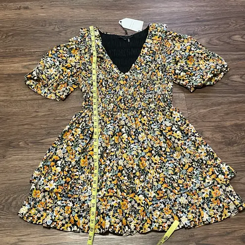 English Factory NWT Plunge Smocked Cotton Floral Mini Dress Yellow Black Blue XS