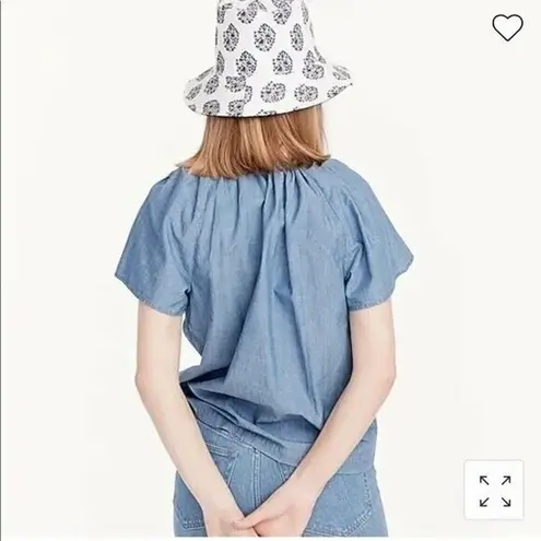 J.Crew  Chambray Cotton Poplin Drawstring Key Hole Tie Top Short Sleeve M Blue