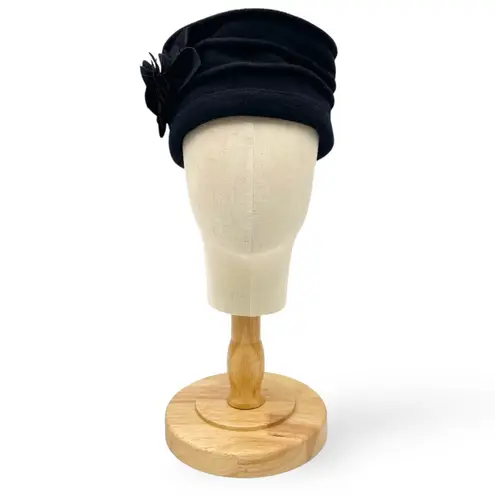 Vintage 90s Black Wool Cloche Hat Flower Accent 100% Wool Winter Dressy Travel