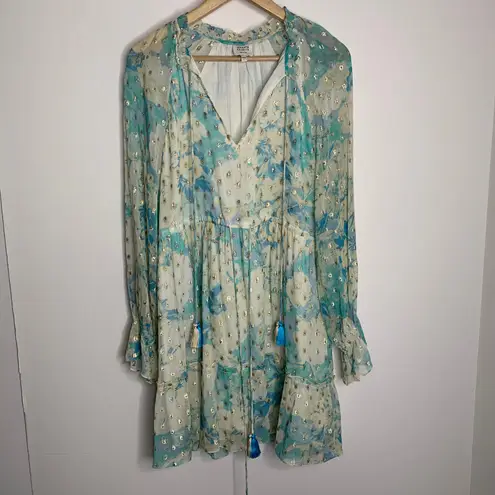 Hemant & Nandita Turquoise Blush Metallica Georgette Mini Dress Medium Blue