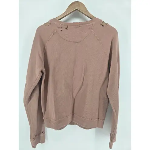 AMO Womens Long Sleeve Crew Neck Distressed Pullover Sweatshirt Pink Medium