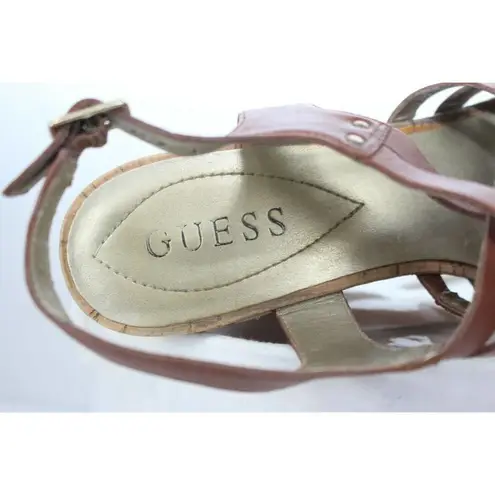 Guess Women’s  Brown Leather Strap Wedge Shoes Cork Heels Size 8M