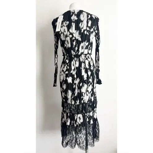 Jason Wu Collection Lace-Paneled Floral Plissé Silk-Satin Midi Dress, NWT, Size4