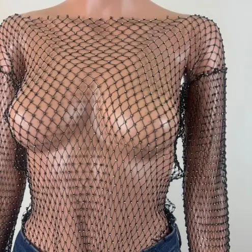 Women's Night Club Festival Party Bejeweled Mesh Crop Top Size Small Black
