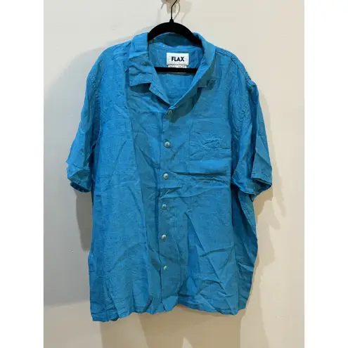 Flax Button Down Short Sleeve Tunic Shirt Blouse Size Medium Aqua Blue