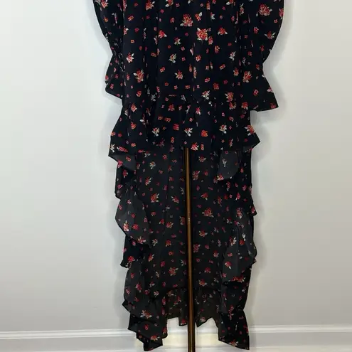 We Wore What High Low Ruffle Maxi Dress Size Medium Black Floral Polka Dot