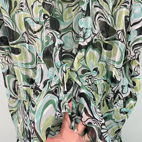 Elementz Vtg Y2K Women's Green & Grey Graphics Ruffles Tie Front Blouse Size 2X