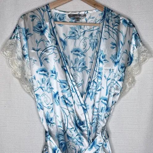 Morgan Taylor  Blue Floral Satin Robe Lace Trim Kimono Wrap Womens S/M Loungewear
