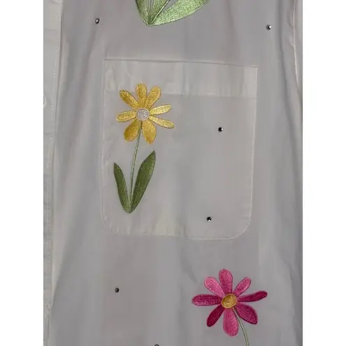 Vintage The Quacker Factory Womens Button Up Top Size 1X Embroidered Floral Bees White