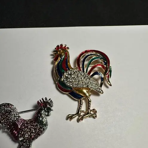 Lot Of 2 Bird Rooster Chicken Brooch Pins Enamel & Rhinestone