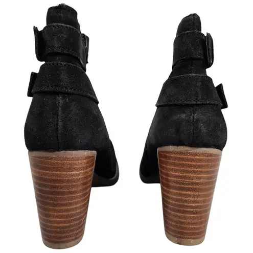 Diba Suede Leather Buckle Zip Stacked Block Heeled Bootie Black 7 NIB