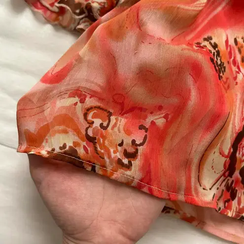 Y2K Orange and pink swirl print sheer blouse with tie waist and bell sleeves