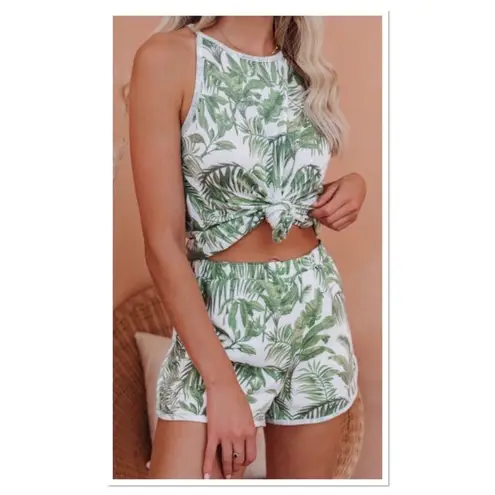 Tropical Palm Leaf Two Piece Set NWT Tank & Shorts Lounge Summer Outfit Green Size L